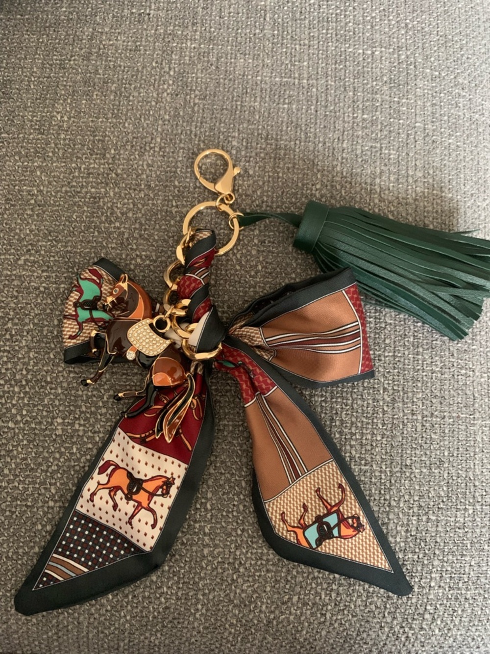 Green Tassel Keychain with Printed Silk-Style Scarf Accent